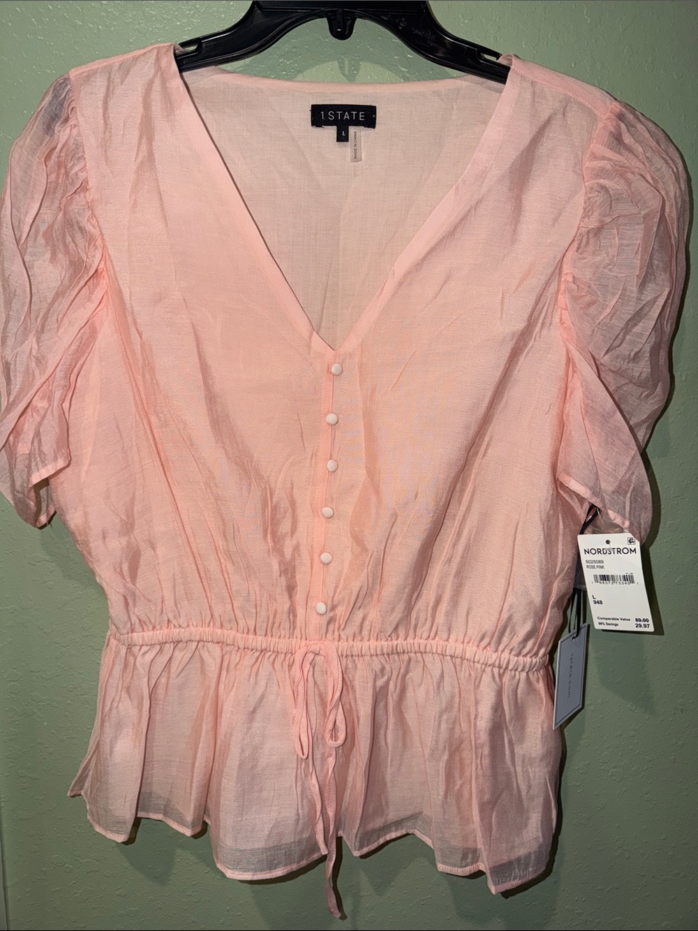 1. State Light Pink Button-Front Drawstring Peplum Blouse